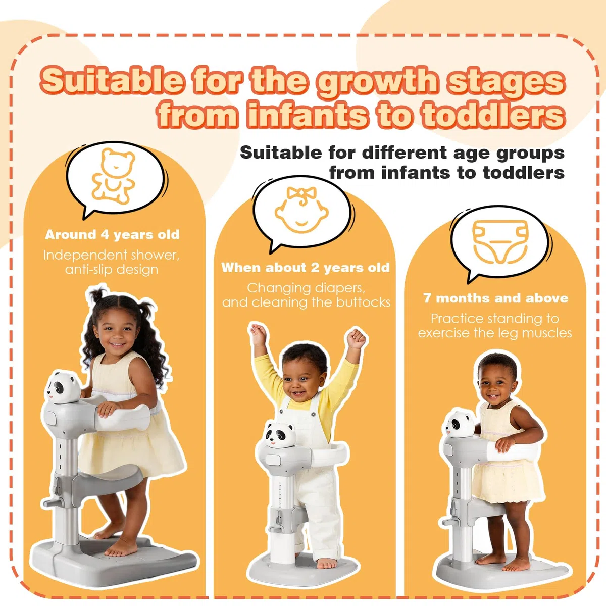 ALLUMK Höhenverstellbare Baby Badehilfe mit süßem Panda Design, Anti-Rutsch-Basis, ergonomischer Badeständer für sicheres stehendes Baden von Kleinkindern