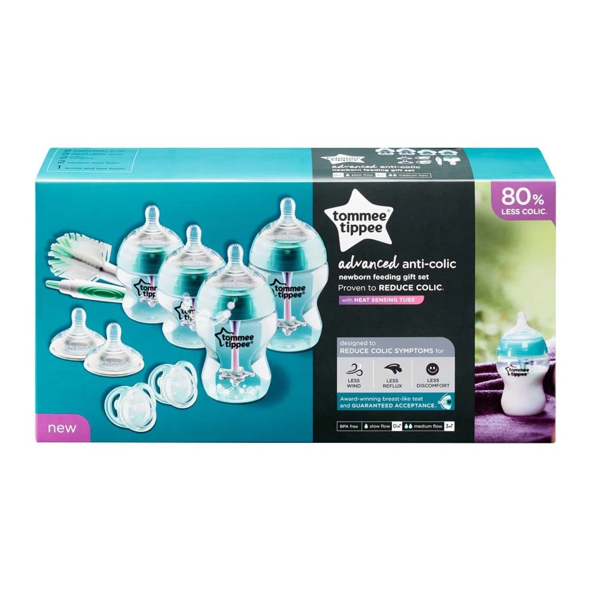 Tommee Tippee Advanced Anti-Colic Newborn Baby Bottle Starter Set, Breast-Like Teat and Heat Sensing Technology, Clear