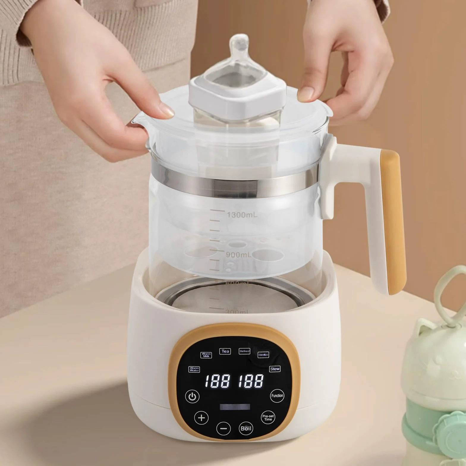 Wasserkocher mit Temperatureinstellung, Baby Flaschenwärmer mit LED-Digitalanzeigen 72h Warmhalten Babykostwärmer, 600W, 1.3L