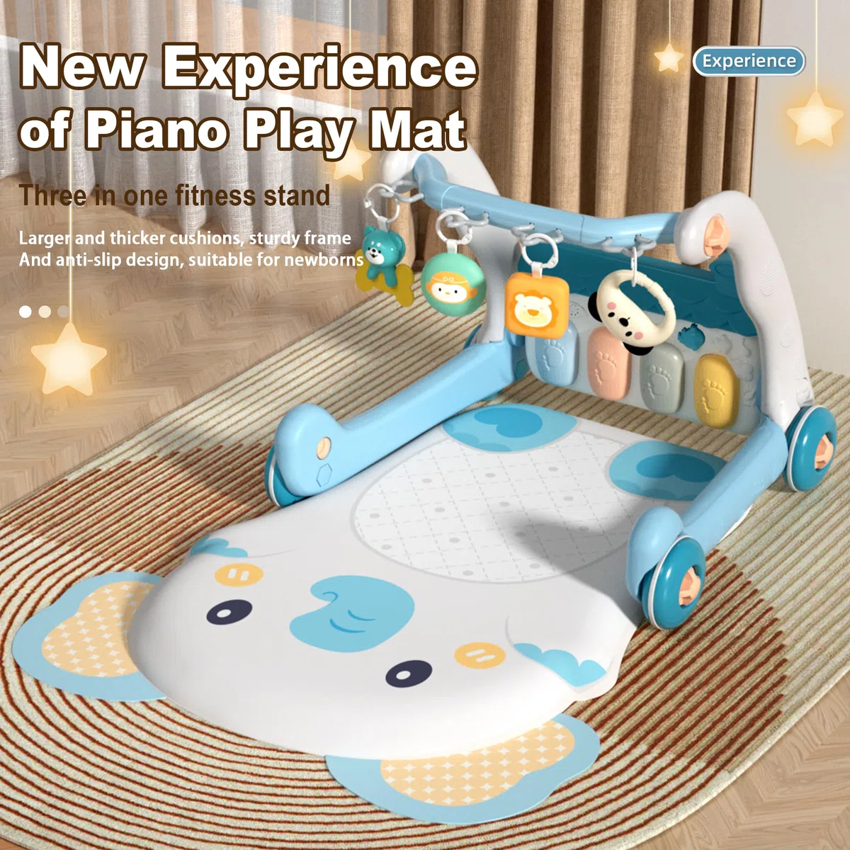Baby-Piano-Spielmatte, Aktivitäts-Fitnessstudio und Aktivitätscenter-Fitnessstudio, 2 in 1 (Blue)