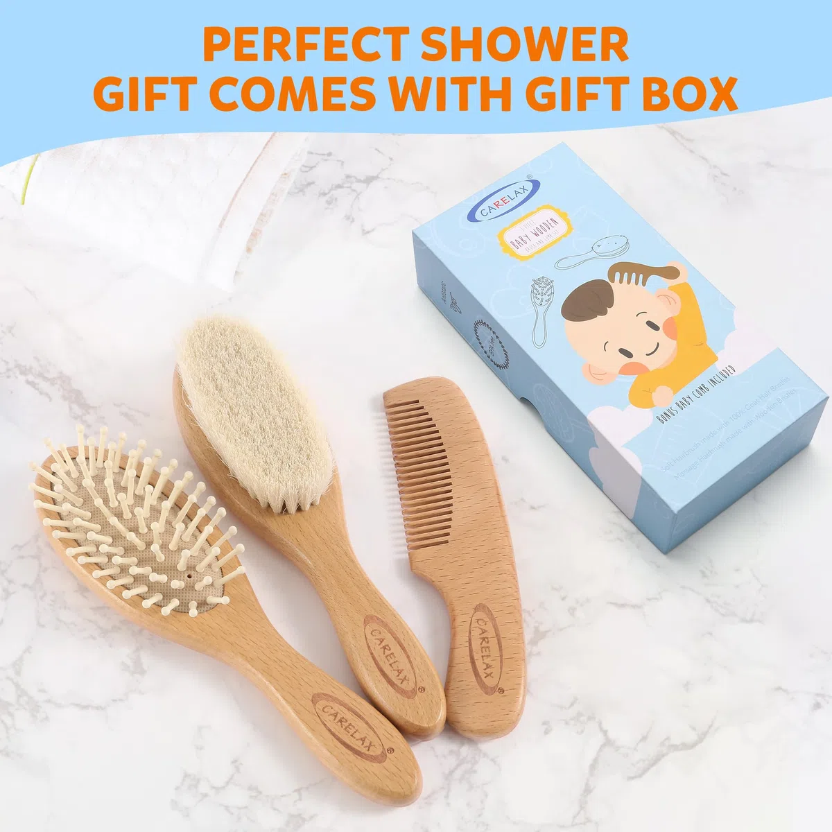 Baby Haarbürste & Kamm Set, Bio Holz Haarbürste Natürliche Ziegenborsten 3-teilig für Neugeborene & Kleinkinder, Ideal für Wiegenmütze & Juckreiz, Perfektes Dusch- und Registrierungsgeschenk für