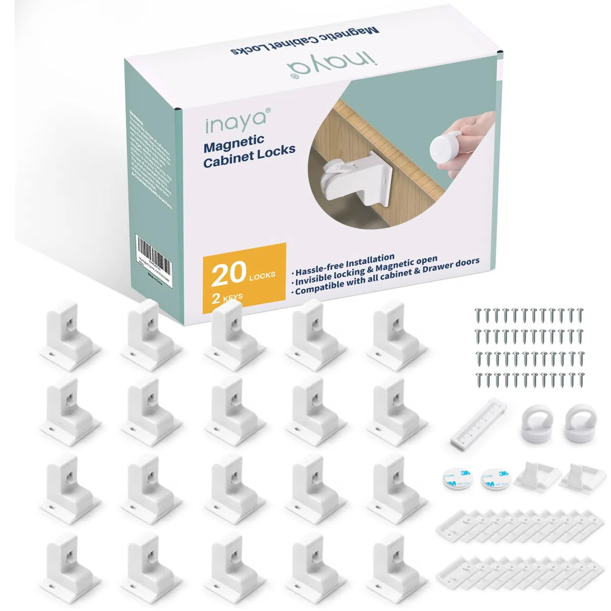 Inaya Magnetische Schrankschlösser für Babysicherung, 20 Schlösser & 2 Schlüssel, kindersichere Magnetschlösser für Schränke und Schubladen, mit unsichtbarem Design, 3M-Kleber für einfache