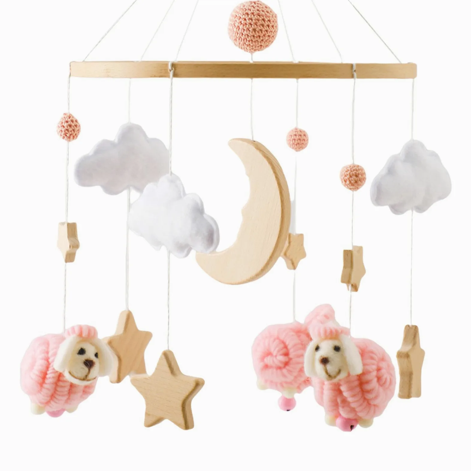 Babybett Mobile mit Rasseln, Sensorischem Spielzeug, Bettglocke, Filz Hängedekoration für Neugeborene (0 6 Monate), Rosa