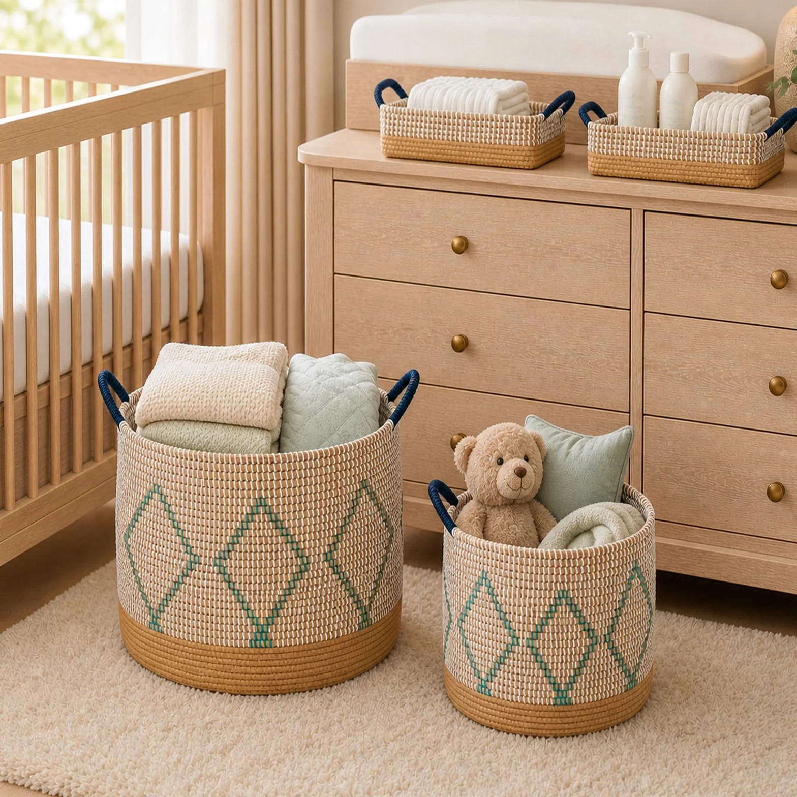 4er Set Aufbewahrungskorb Seegraskorb mit Griffen, Wäschekorb Geflochtener Korb, Handgeflochtener Spielzeugkorb aus Vietnam, 49L/29L/10.7L/7.6L für Wohnzimmer Schlafzimmer Küche Bad Kinderzimmer