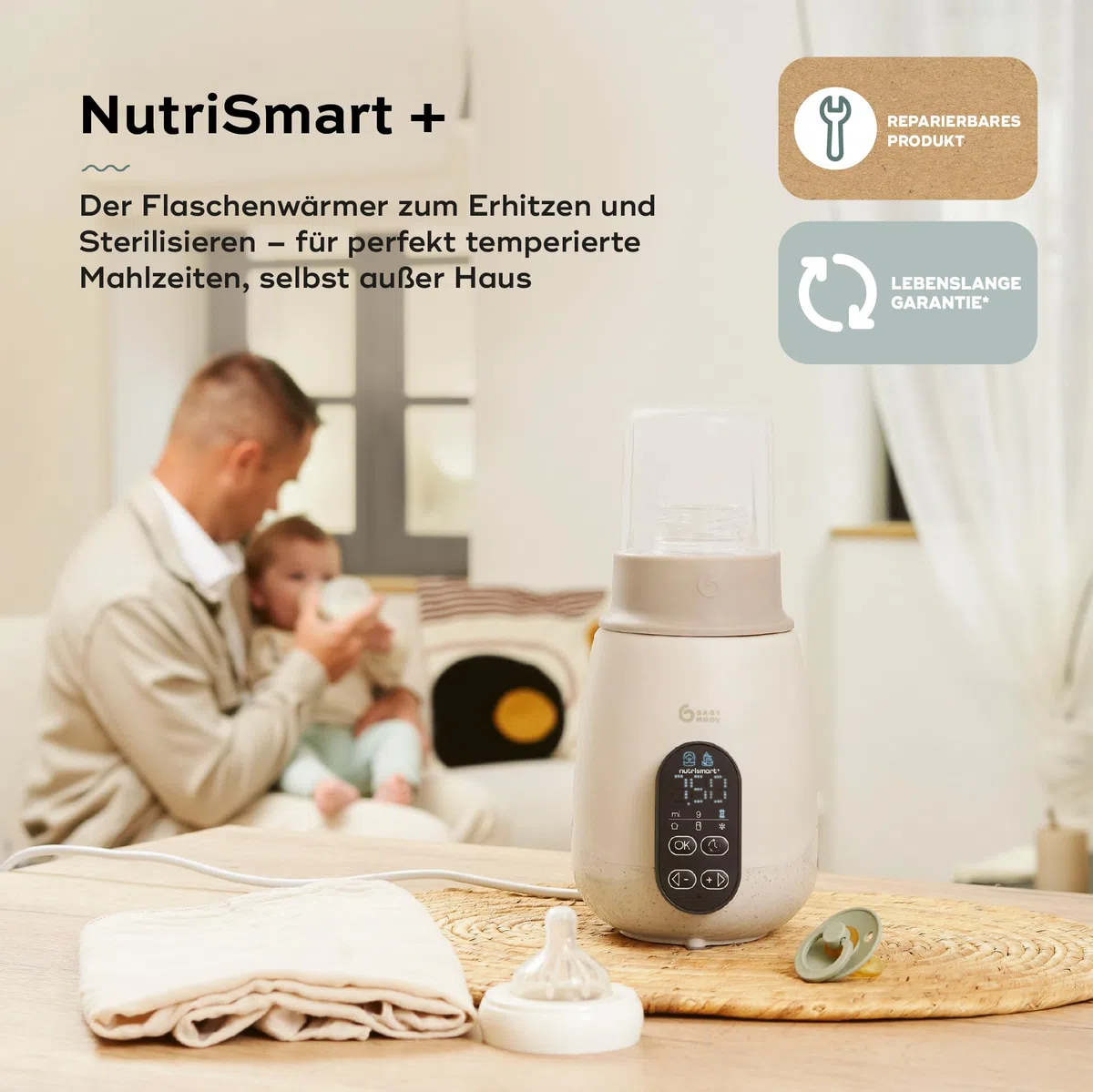Babymoov Flaschenwärmer Baby NutriSmart+ - Tragbar, Programmierbar, für Zuhause & im Auto mit Adapter, Warmhaltefunktion für 1 Stunde, Sterilisator, ideal für Muttermilch, Babynahrung & Fläschen