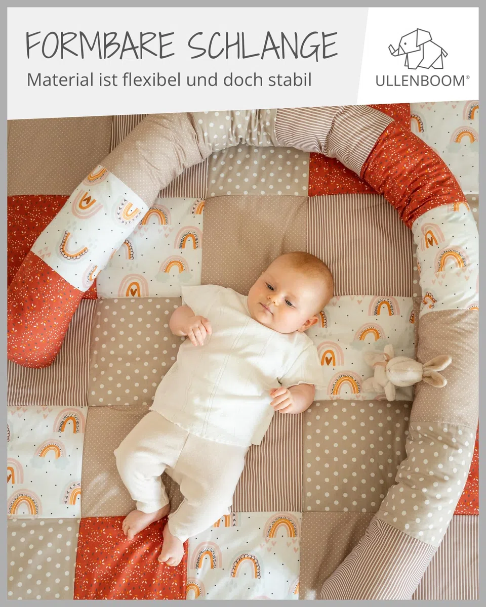 ULLENBOOM ® Baby Kuschelschlange 120x13 cm Regenbogen (Made in EU) - Kuschelschnecke in vielen Farben und Größen, Bezug: 100% OEKO-TEX Baumwolle, Nackenrolle, Kopfschutz für Wickeltisch