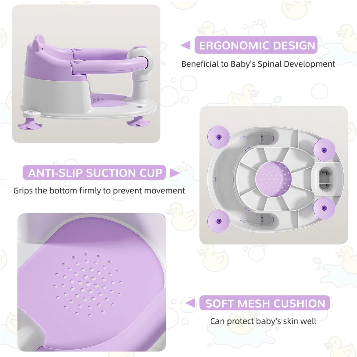 Badewannensitz Baby ab 6 Monate, Bär Rutschfester Badesitz Baby mit 4 Saugnäpfen und Kissen für Kleinkinder und Neugeborene, Sicherer Tragbarer Badstuhl für Dusche oder Badewanne, Lila