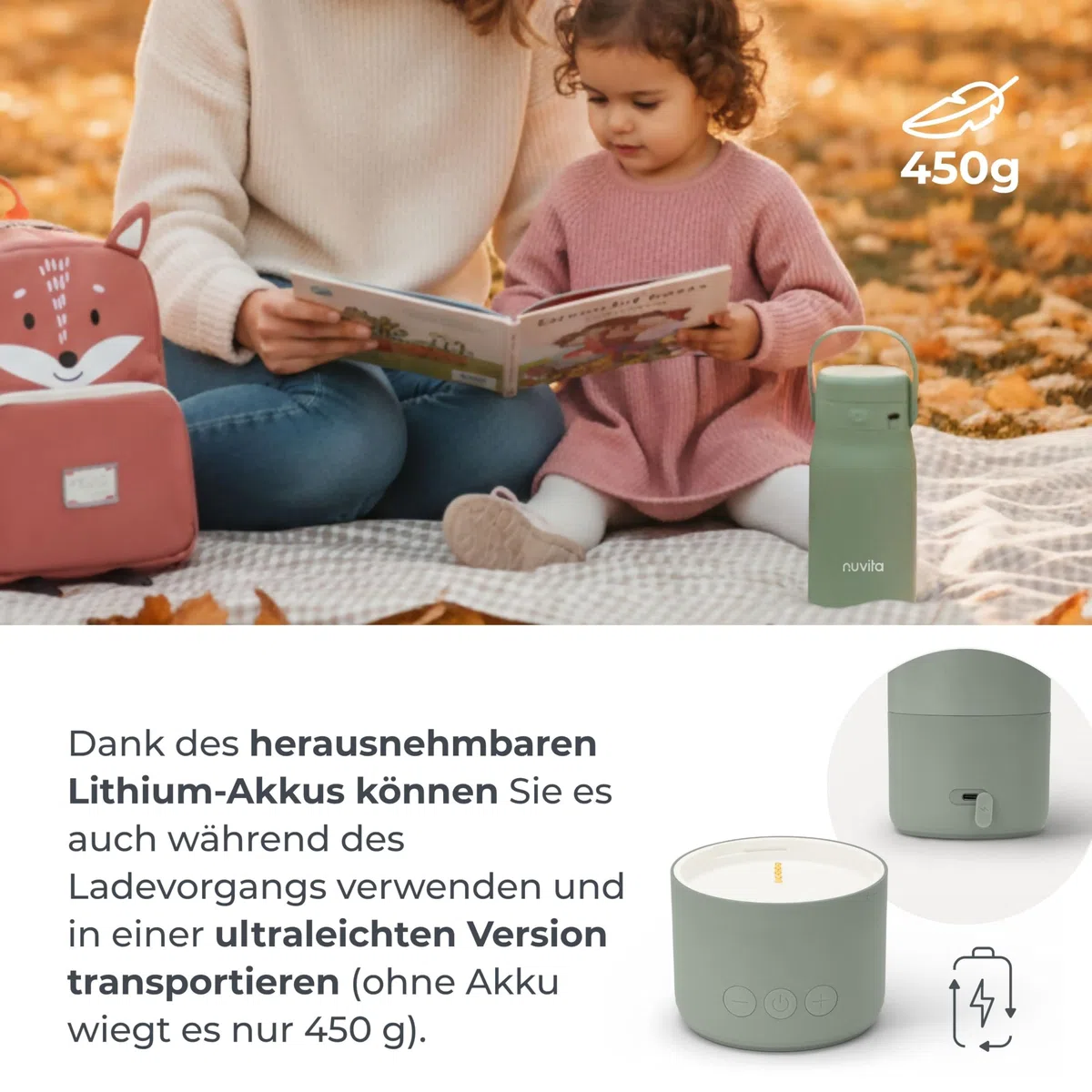 Nuvita 1190 Tragbarer Milchwärmer 500 ml – Kabelloser Flaschenwärmer mit wiederaufladbarem Akku, 3 wählbare Temperaturen 37 °C/55 °C/100 °C, hält bis zu 12 Stunden warm, ideal für Milch und Kräutertee