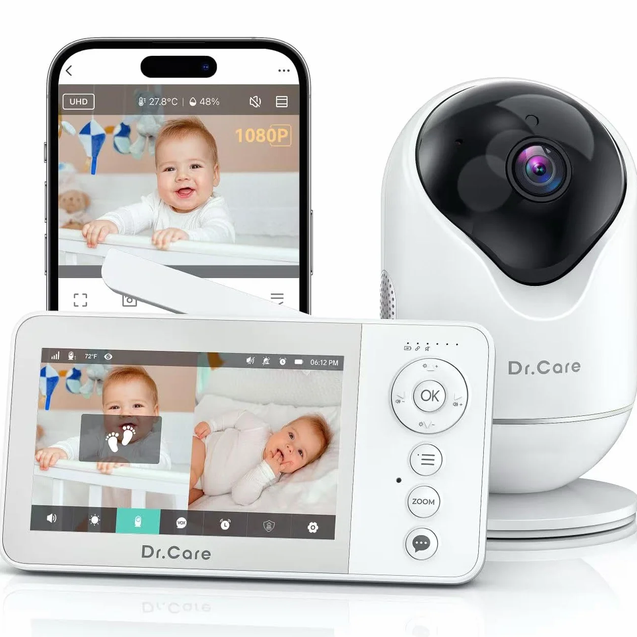 Dr.Care VistaView Lite RB Smart WLAN Babyphone mit Kamera, Baby Monitor- 4”720P Split-Screen, 1080P Kamera, App-Steuerung, Nachtsicht, 2500mAh Herausnehmbare Batterie, 2-Wege-Audio, Bewegungsalarme