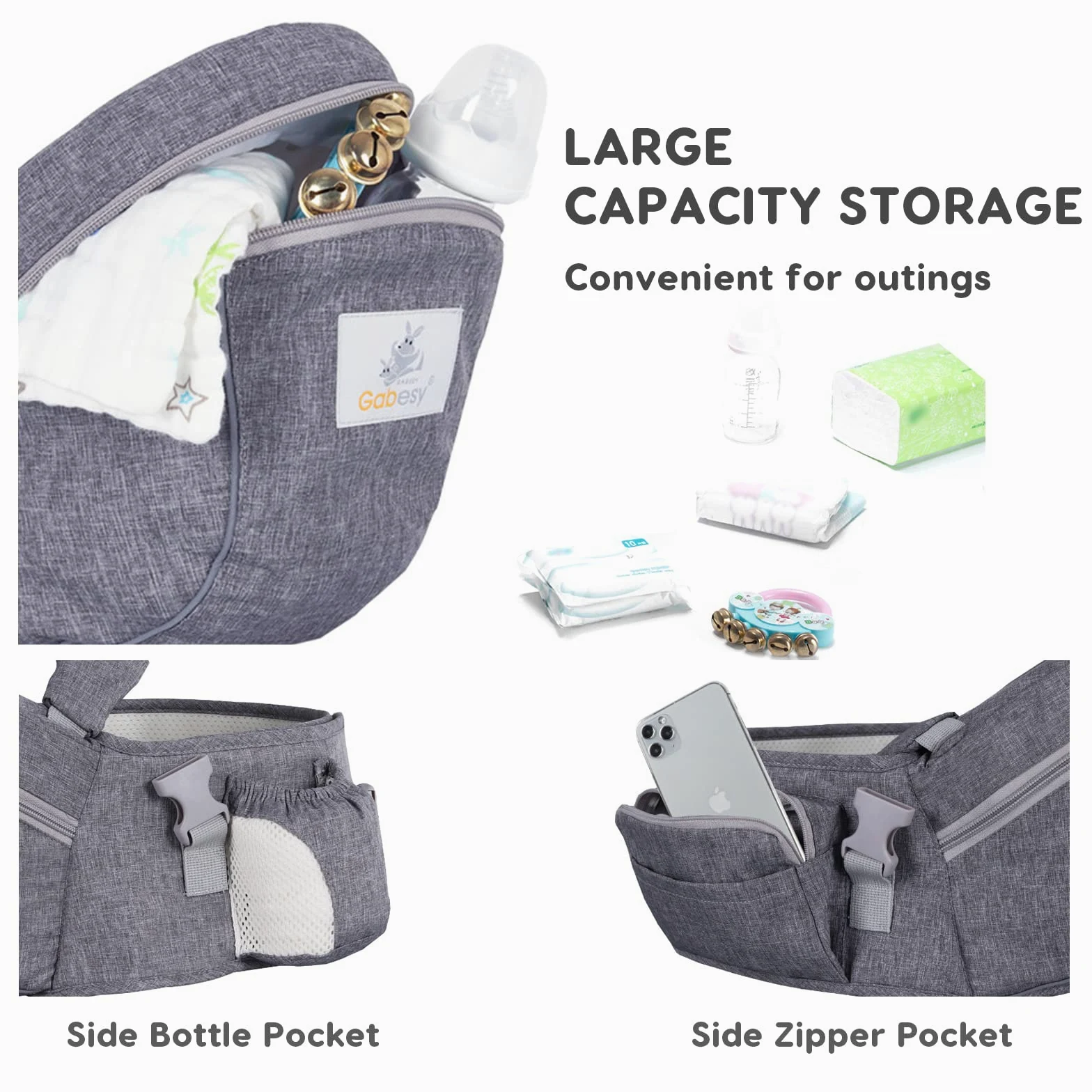SONARIN Multifunktionale Baby Hüftsitz,Ergonomischer Taille Hocker Babytrage Hipseat Hüfttrage Bauchtragen mit Sicherheitsgurt & Schultergurt für Baby Kleinkinder 0-24 Monaten(Grau)