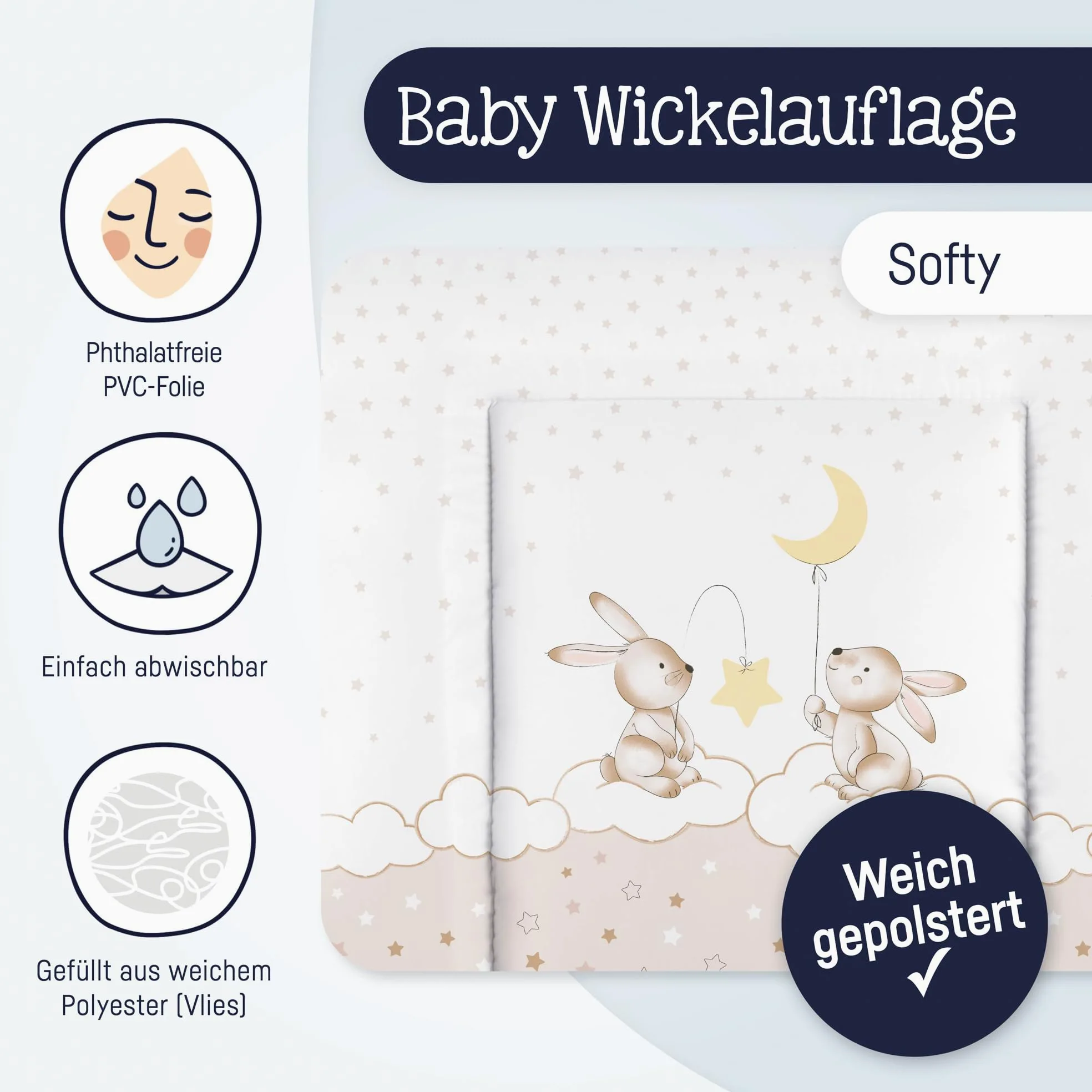 Julius Zöllner Wickelauflage Softy 75x75 cm - Wickelunterlage - wasserdicht und abwischbar - Made in Germany – Oeko-Tex Standard 100 – Traumhase