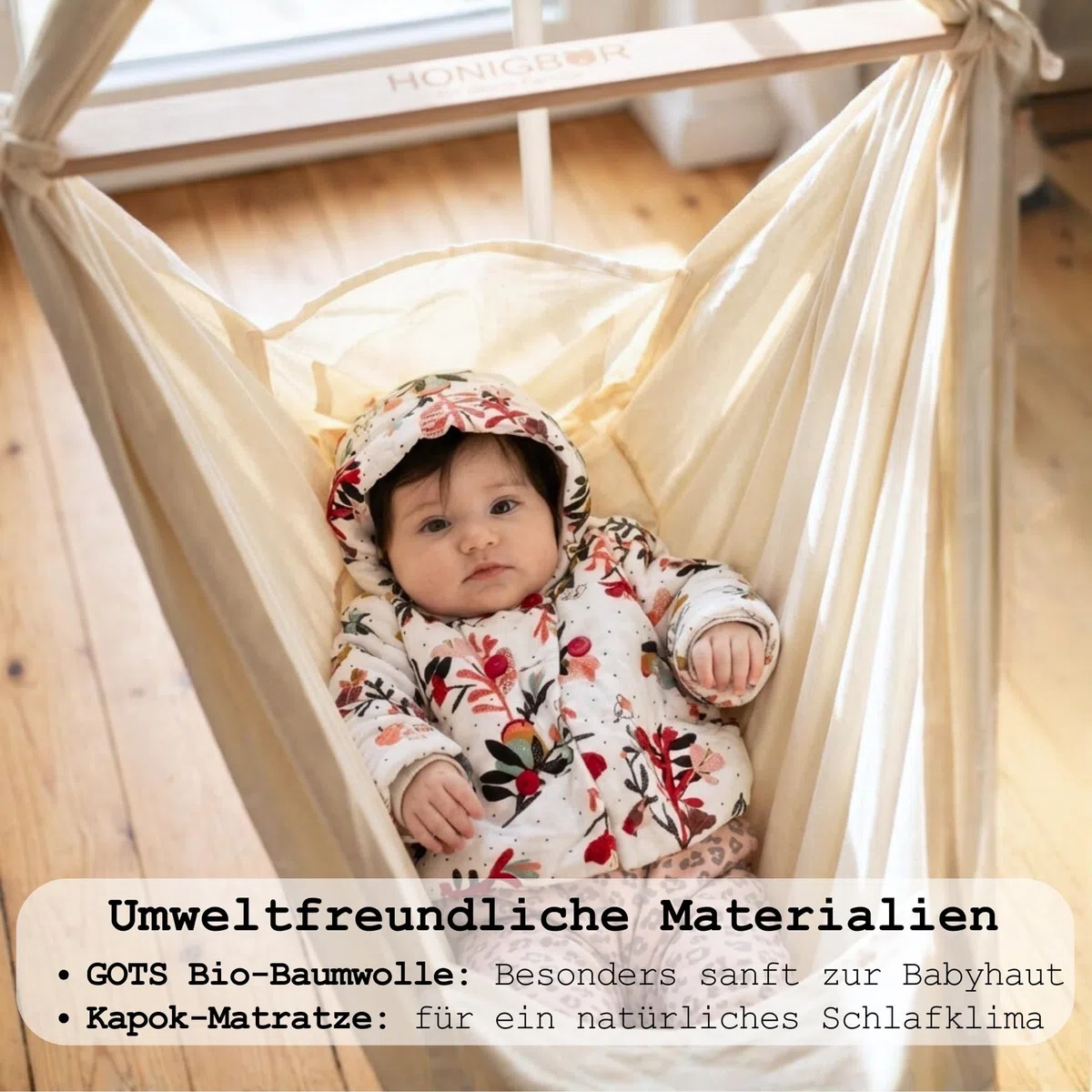 Honigbär Federwiege Set inkl. Standfuß (weiß) – Baby Hängematte TÜV-geprüft bis 40kg – Ergonomisches Nestchen mit Kapok-Matratze – Bio-Baumwolle – Universell motorisierbar - Schlaf wie im Mutterleib