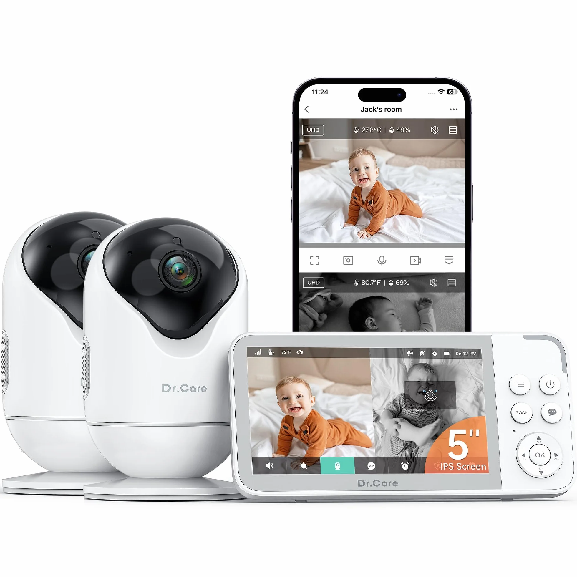 Dr.Care VistaView Smart WLAN Babyphone mit Kamera, 1080P HD, 2K Kamera, App-Steuerung, Bewegungs- & Weinen-Alarm, Nachtsicht, 5000mAh, Zwei-Wege-Audio, 390m Reichweite (5" Monitor mit 2 Kameras)