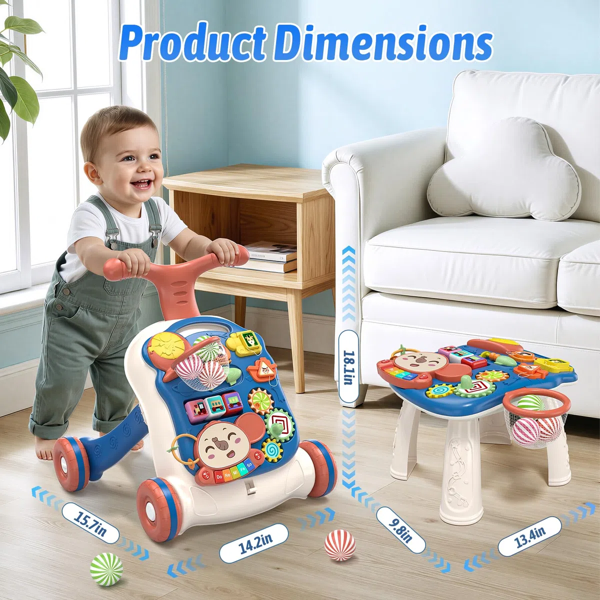 QDRAGON 3 in 1 Lauflernwagen, Baby Lauflernhilfe Mit Regulierbarer Geschwindigkeit, Baby Spiel Gehhilfe Mit Abnehmbarem Spielboard, Baby Walker Für Kinder Von 12-36 Monaten, Blau