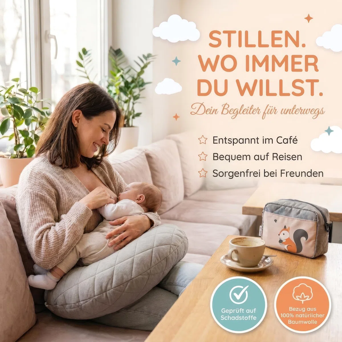 zoula kidz® Aufblasbares Stillkissen Klein - Stillmond Mondkissen Nursing Pillow für Reisen & Unterwegs - Stillhörnchen mit OEKO-TEX Baumwollbezug - flexible Festigkeit & Höhe, waschbar & atmungsaktiv