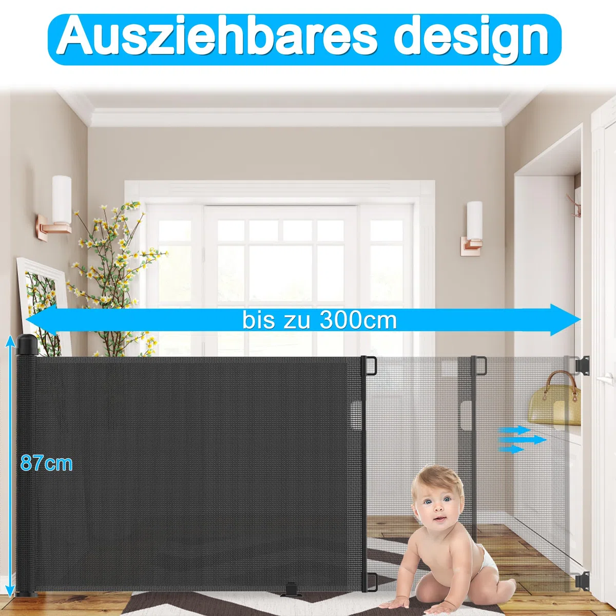 NAIZY Treppenschutzgitter Rollo Ausziehbar Türschutzgitter 87 x 0-300 cm Absperrgitter Treppenschutzrollo Baby Türschutzrollo Geeignet für Treppen Türen Innen & Außen, Schwarz