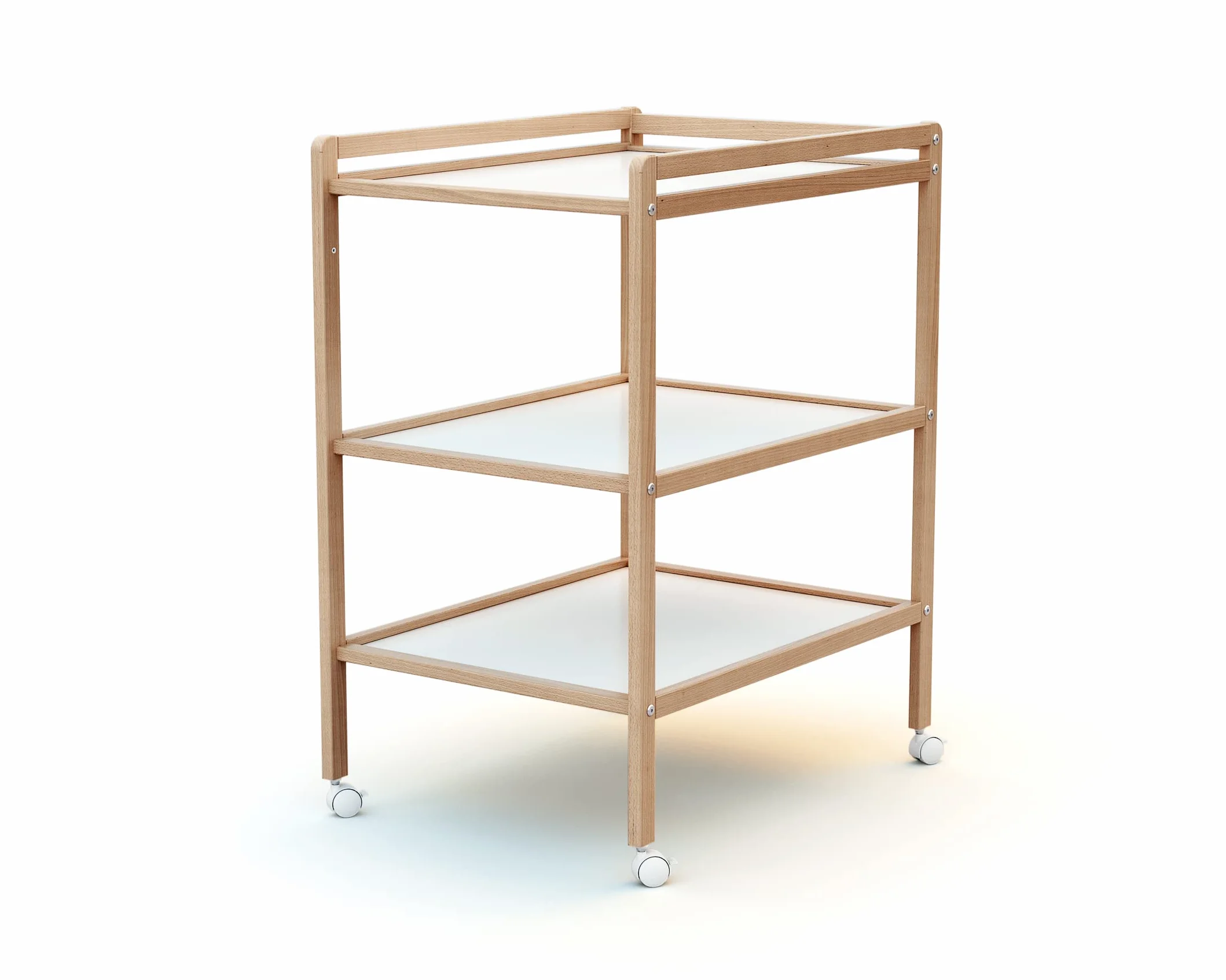 AT4 - Wickeltisch mit 2 Regalen Essentiel Lackierte Buche | 75 x 58 x 94 cm | Wickelkommode mit Rollen | Platzsparend | Kompakt