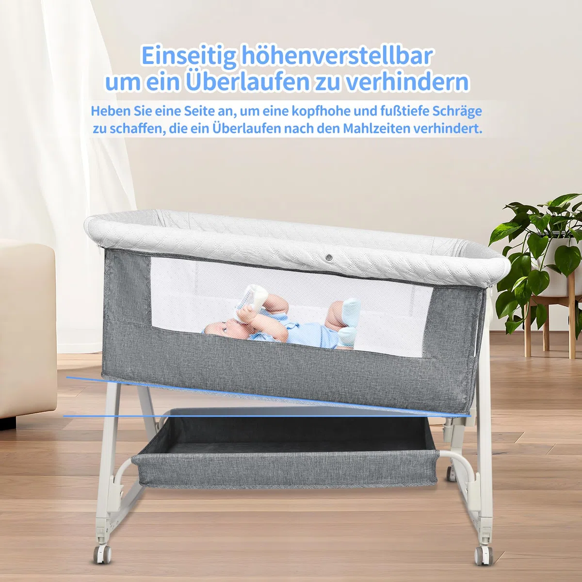 OHMG 3 in 1 Babybett bis 9 kg,Beistellbett,Wiege,Höhenverstellug und Einstellung der Neigung der Matratze,4 Räder mit Bremse Ergonomische Matratze Tasche (95x50x98-110cm(grau))