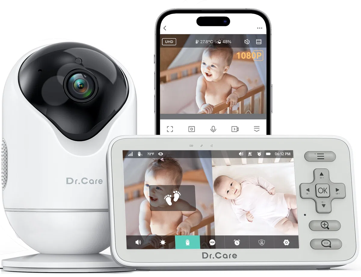 Dr. Care VistaView Lite Smart WLAN - Babyphone mit 2 Kameras, 4" 720P Split-Screen, 1080P Kamera, App-Steuerung, Bewegungsalarm, Nachtsicht, 3000mAh Akku, 2-Wege-Audio, 390m Reichweite