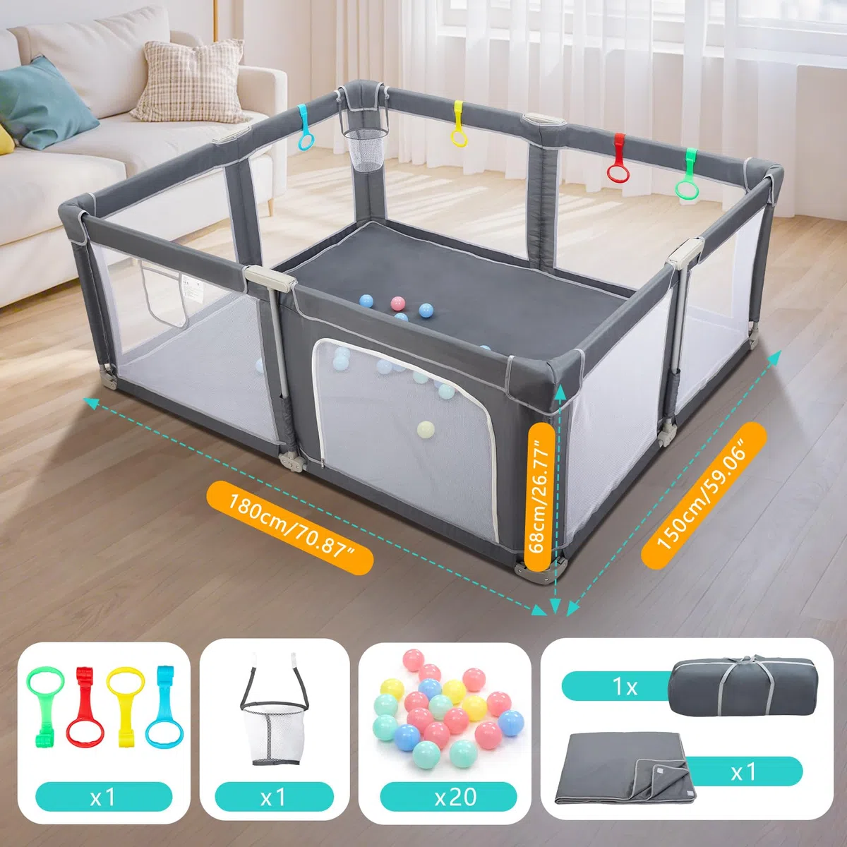 CHOLY faltbarer Baby-Laufstall mit Matte, Laufstall für Babys Kleinkinder | tragbarer Spielplatz mit Ozeanbällen, schnell aufbaubarer Kinderzaun mit Reisetasche (grau, 180*150 cm)