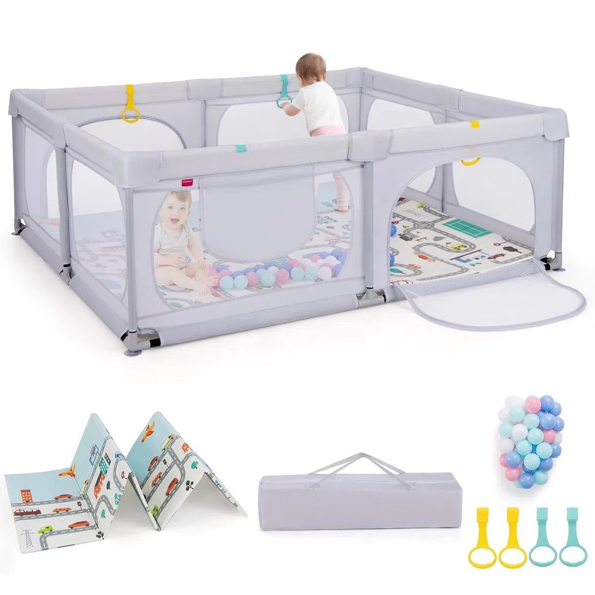 FANTASK Laufstall Baby faltbar mit Matratze 189 x 158 cm, Laufgitter mit 50 Spielbällen & 4 Griffe (Hellgrau)