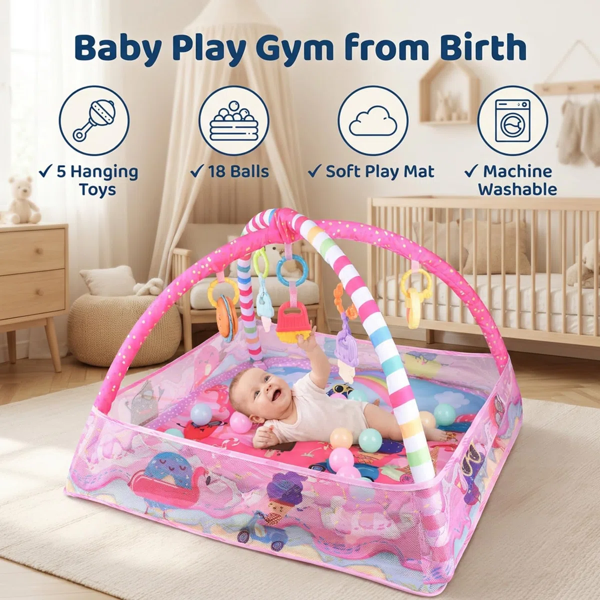 Bebamour Baby Spielmatten Bodenturngeräte von Geburt an, 18 Bälle, 5PCS Hängespielzeug, weiche Baby Play Activity Gym Spielmatten Bodenturngeräte für 0-24Monate(Pink)