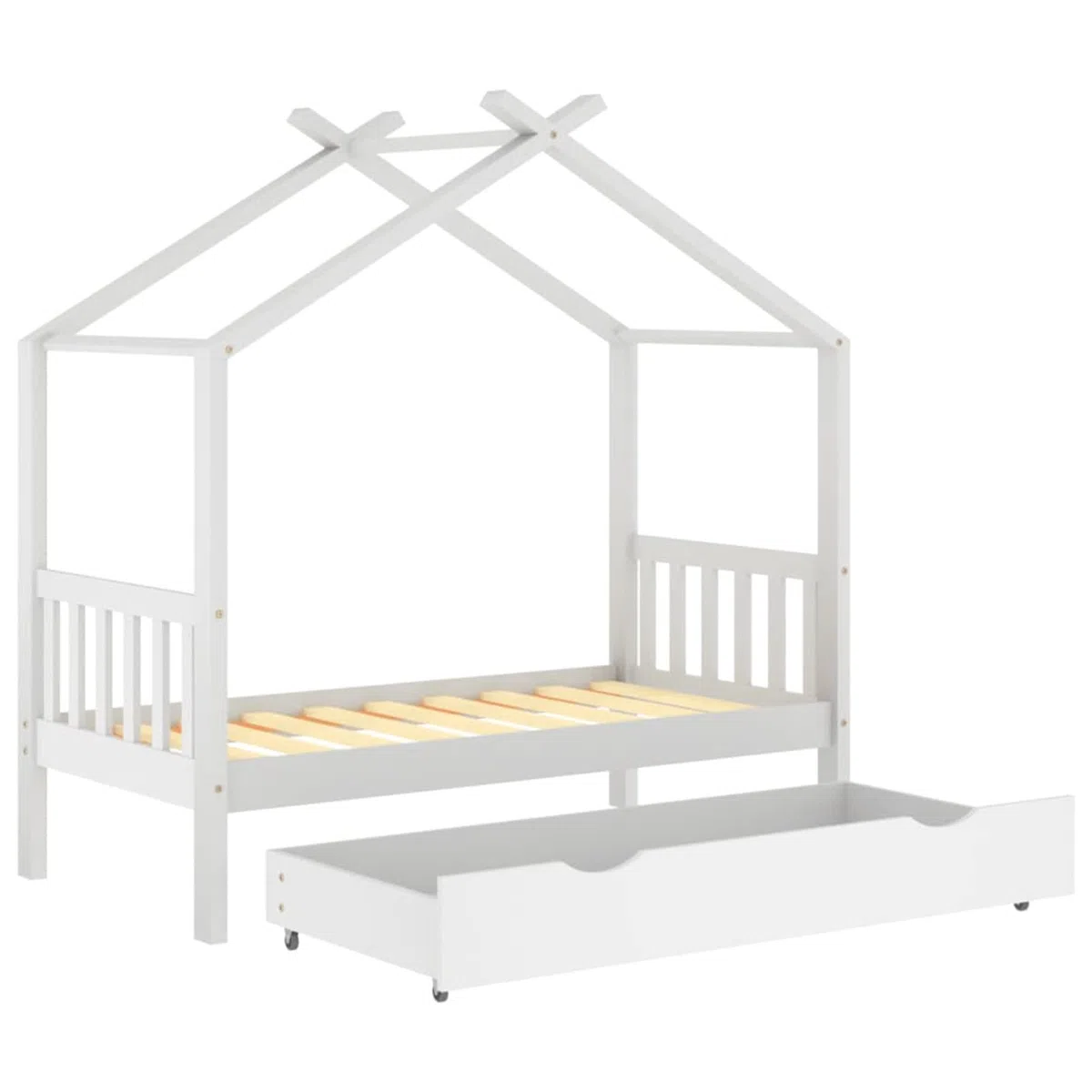 Chusui Kinderbett mit Schublade, Kinderbett, Hausbett, Kinder Bett, Betten, Weiß Massivholz Kiefer 80x160 cm