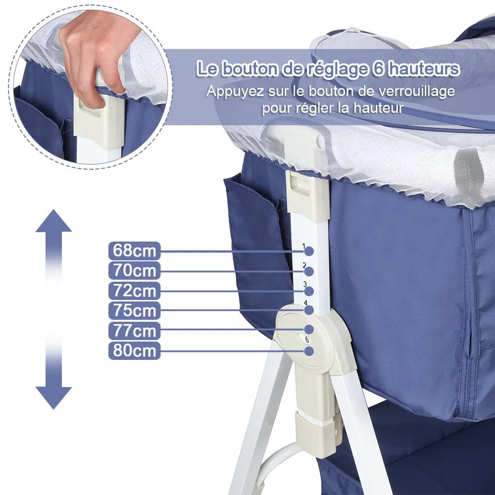 homewell 2 en 1 Lit Cododo Bebe Pliable, Berceau Cododo 0-30 Mois, 6 Réglages de Hauteur, Berceau bébé Mobile Lit d'Appoint, Grand Panier, Apportez UNE moustiquaire (Bleu Marine, 95 * 50*(98-110) cm)