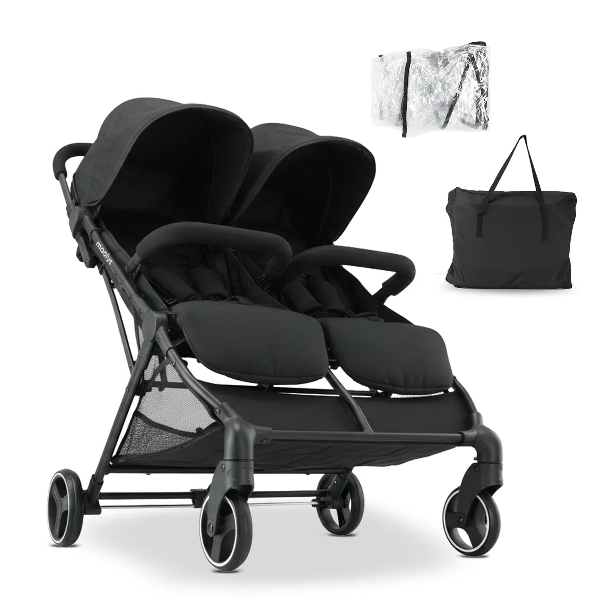 Tess Doppel-Kinderwagen Geschwisterwagen ab Geburt bis 4 Jahre 22 kg leicht zusammenklappbar freistehend großer Staukorb inkl. Regenverdeck Schwarz