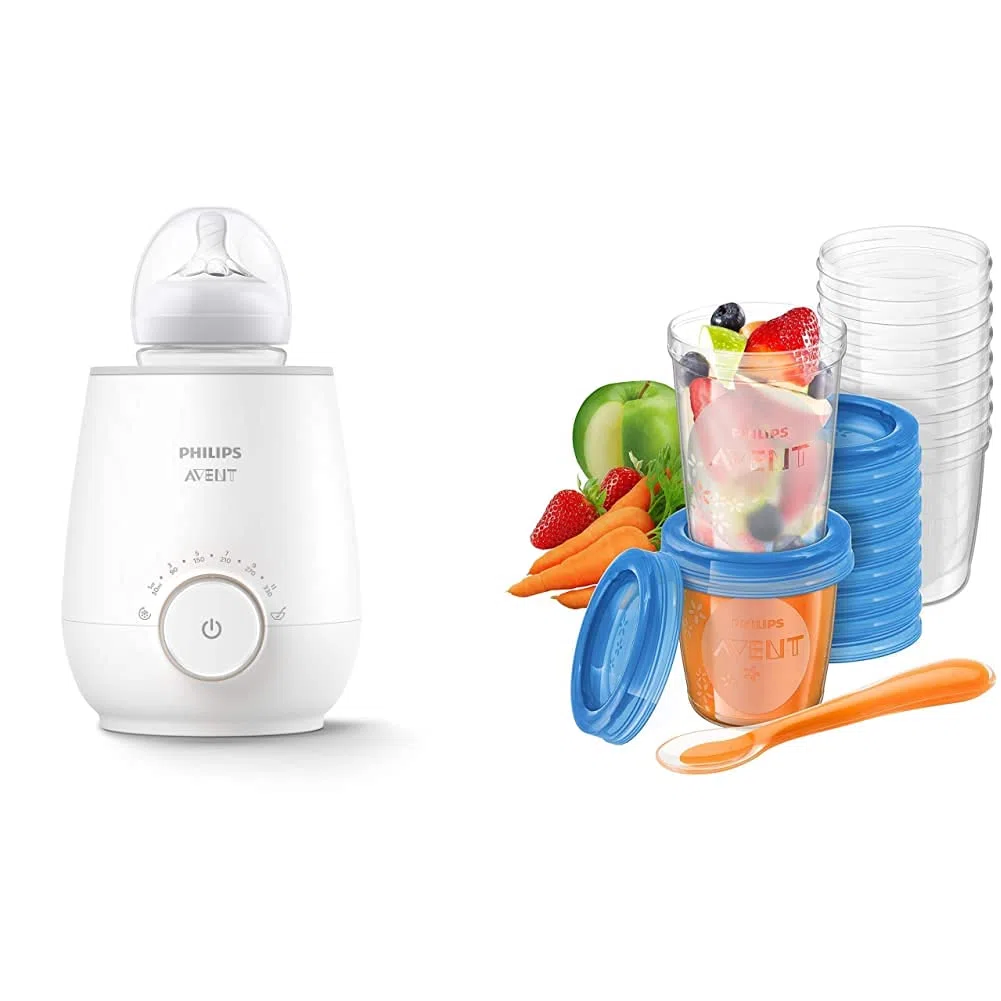Philips AVENT SCF358/00 Flaschenwärmer für schnelles und gleichmäßiges Erwärmen von Milch & Babynahrung, weiß & Aufbewahrungsbecher für Babynahrung, 20er Pack (10x180 ml, 10x 240 ml)
