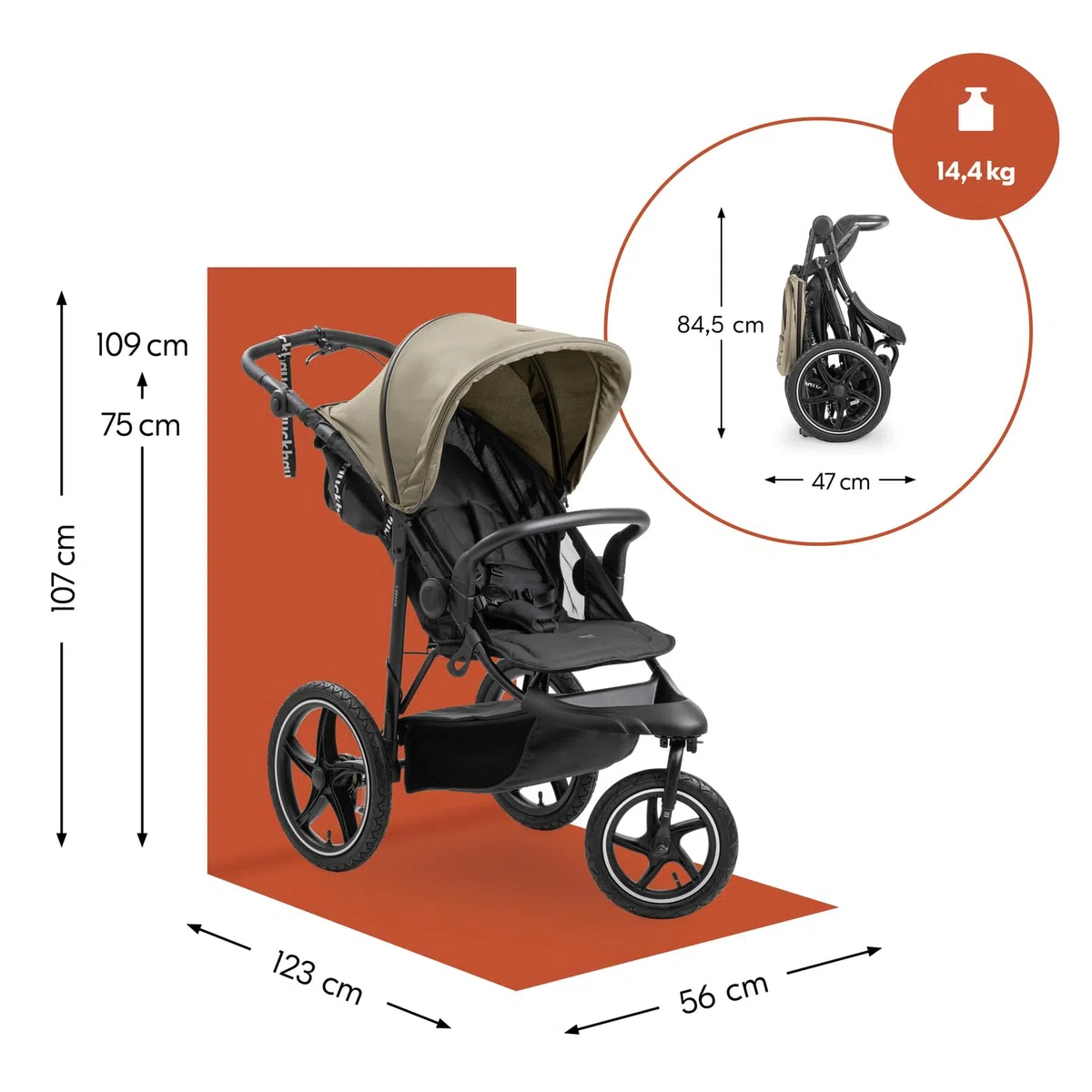 Hauck Runner 3 Olive Dreirad Kinderwagen Buggy mit XL Lufträder Federung Handbremse XL Sonnenverdeck ab Geburt bis 22 kg