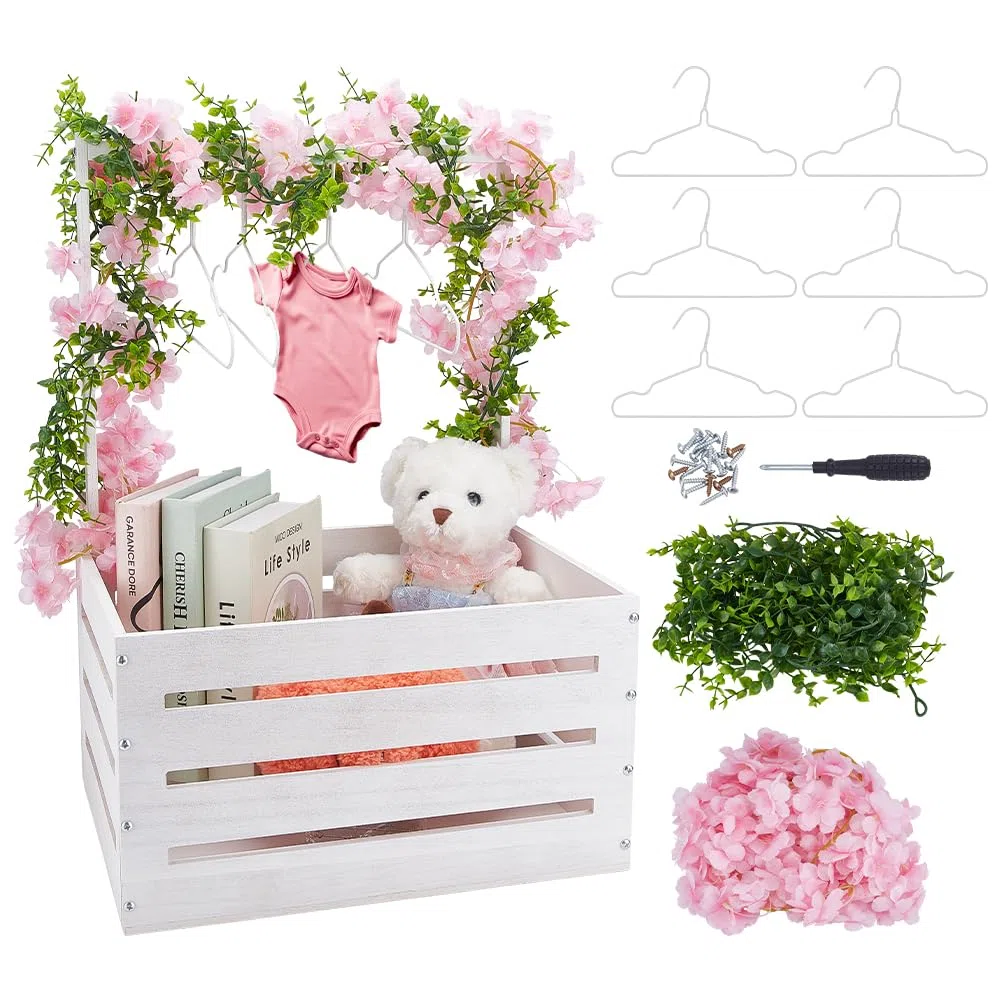 UNICRAFTALE Weiße Holz Baby Shower Kiste Baby Aufbewahrungsschrank Mit 6 Haken Kiste Wäschekorb Partykorb Mit Blumenranken Und Blättern Babypartygeschenke Für Neue Eltern