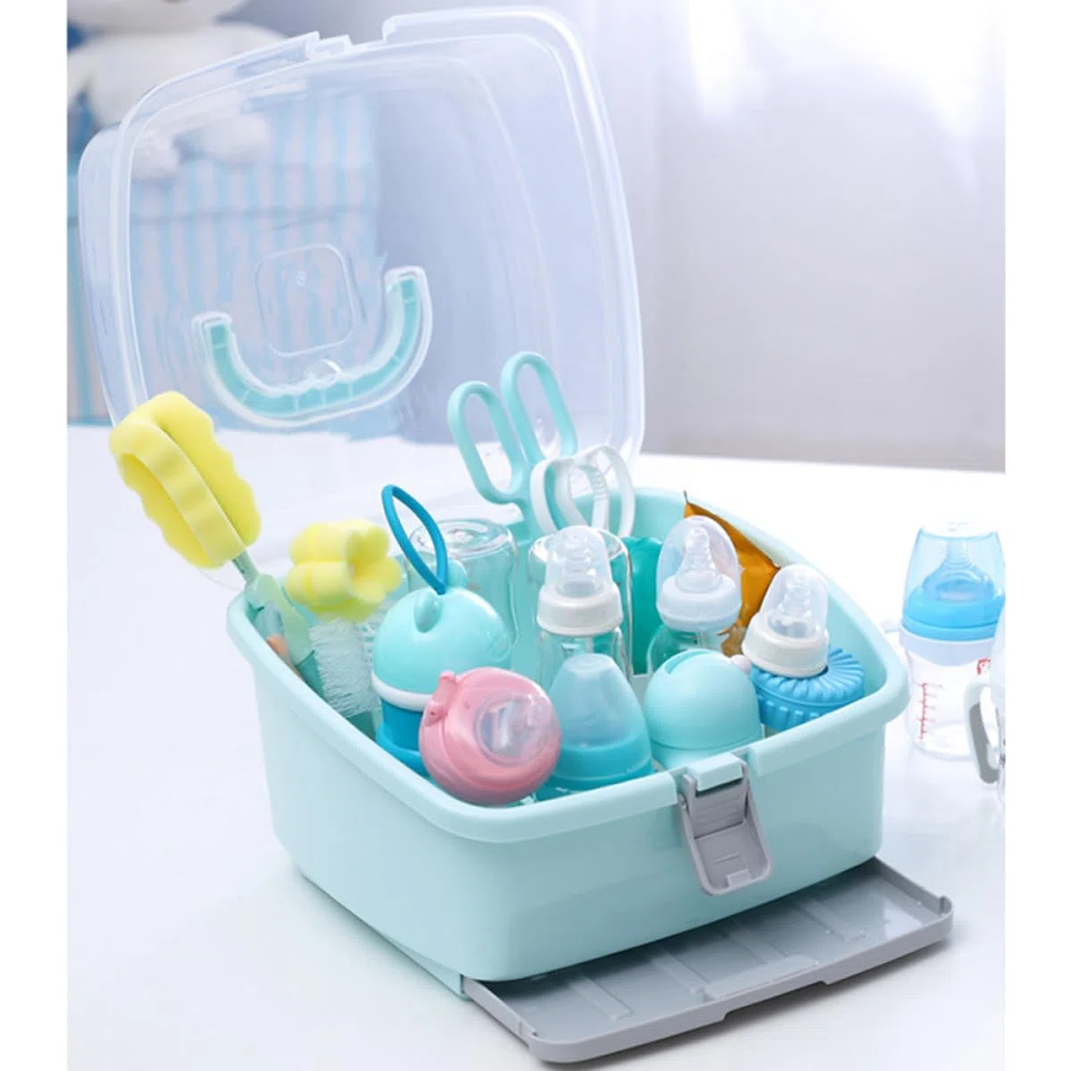 Aufbewahrungsbox für Babyflaschen aus Kunststoff, Grün, Tragbar | Schnuller und Babyflasche, Leicht zu Reinigen, für Zuhause und Unterwegs