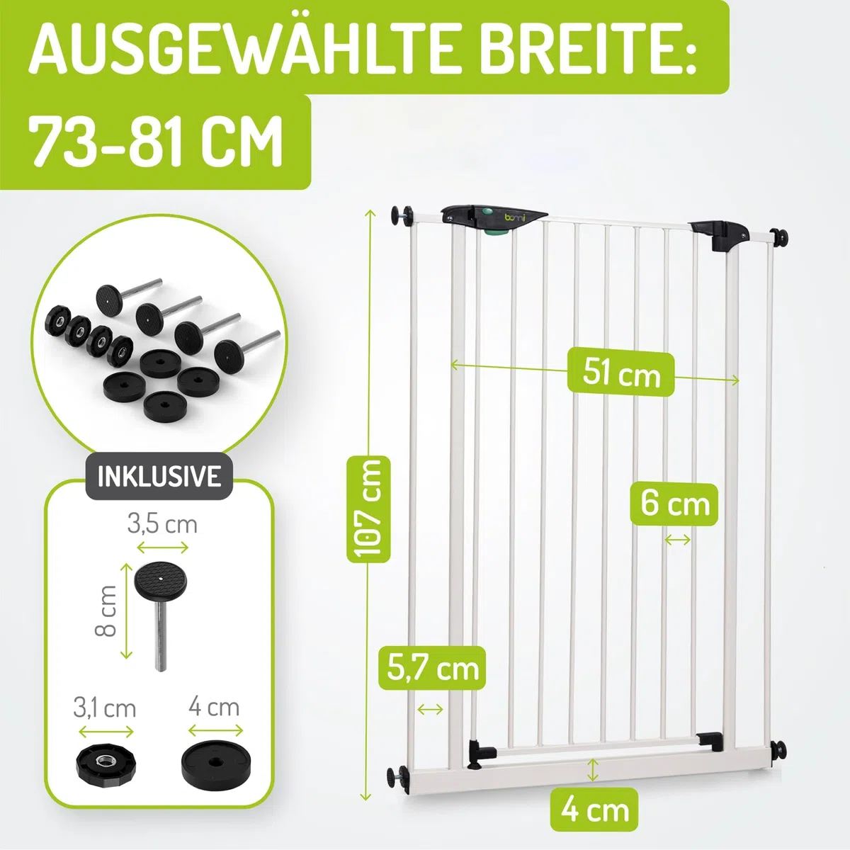 BOMI Türschutzgitter Mira | Extra Hoch | Ohne Bohren | Schließt automatisch | Tuerschutzgitter weiß Metall Selbstschließend | Treppengitter zum Klemmen für Baby | Breite: 73-81 cm