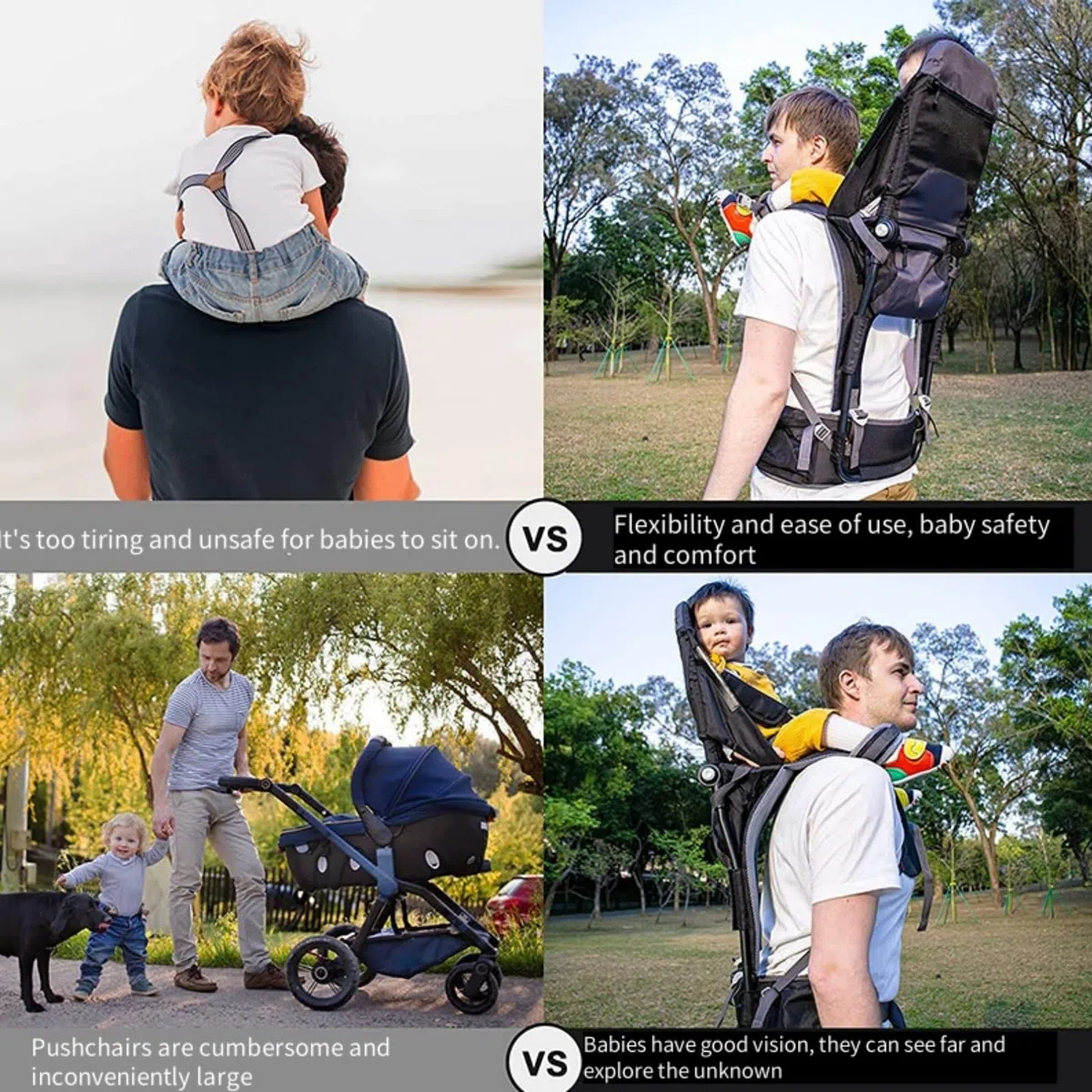 Babytrage zum Wandern – Ergonomischer Rucksack mit verstellbaren Trägern, leicht und faltbar, integrierter Sonnen- und Regenschutz, freihändige Kleinkindtrage – Schwarz