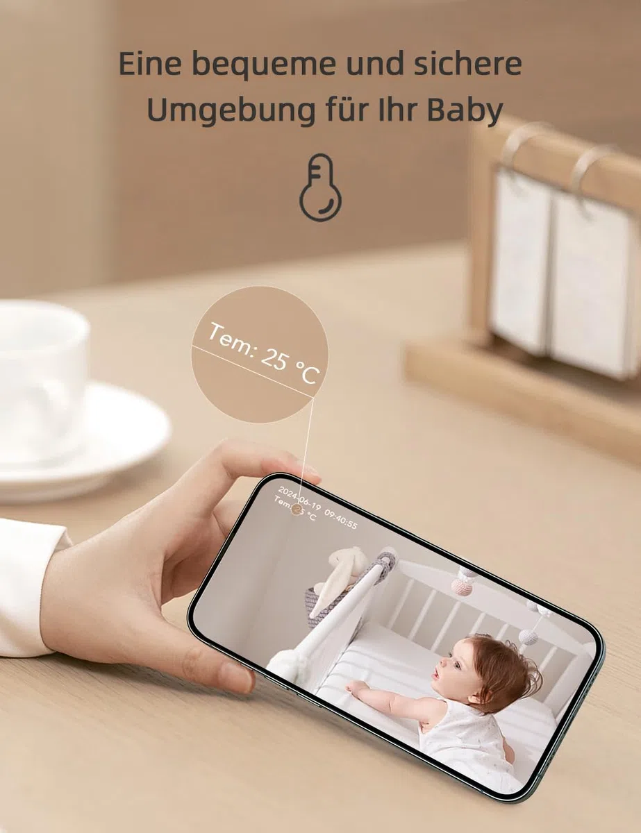 nooie Babyphone mit Kamera und App,2K intelligentes Babyfon, Temperaturüberwachung,2.4/5GHz WLAN, Nachtsicht,Zwei-Wege-Audio, Weinen/Geräuscher-kennung, KI-Tracking, funktioniert mit Alexa