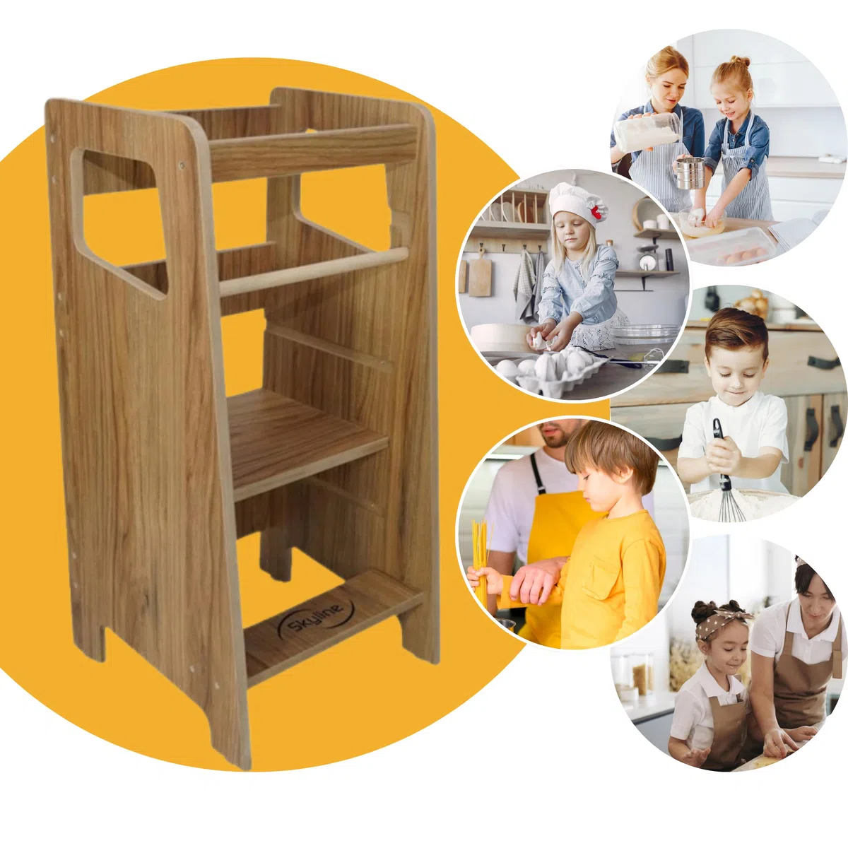 Skyline Steh und Lernturm Baby ab 1 Jahr Montessori Learning Tower Höhenverstellbar Tritthocker Kinder Indoor Möbel Kinderzimmer Trittschemel Kitchen Helper Hochstuhl Faltbarer Braun Holzimitat
