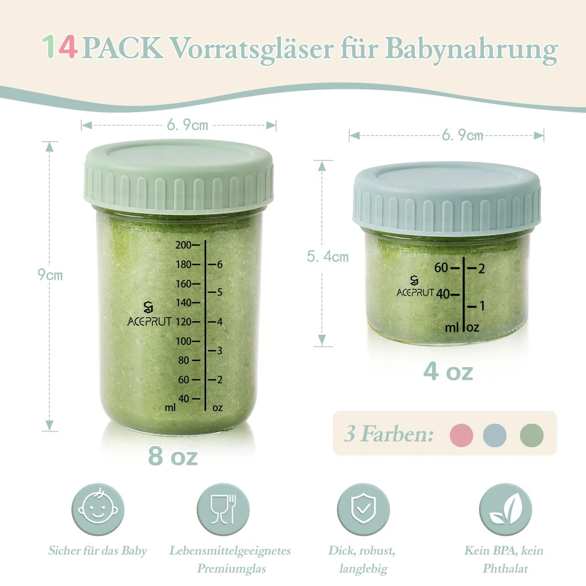 ACEPRUT 14 Stück Glas Babybrei Einfrieren Behälter, Beikost Baby Zubehör, Babynahrung Aufbewahrung, Auslaufsicher, BPA-frei, Mikrowelle, Geschirrspüler & Gefrierschrank sicher
