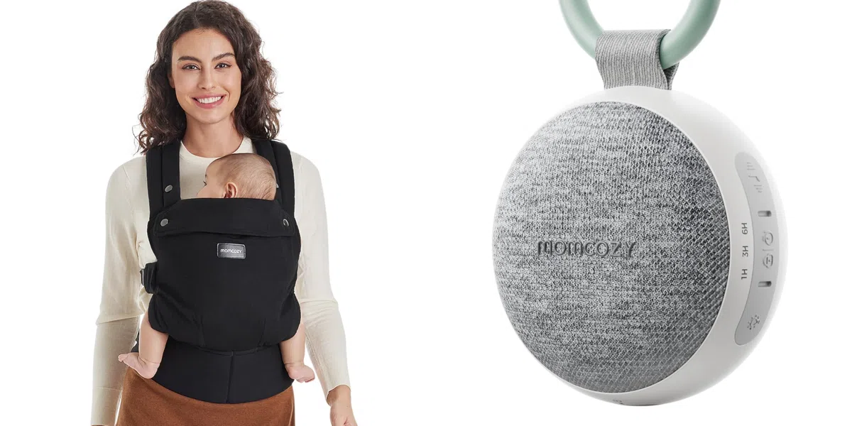 Momcozy Babytrage – Baby Carrier für Kleinkind(3–24 Monate) · Ohne Einsätze & Momcozy WN06 Tragbare White Noise Machine Baby mit Nachtlicht – Weißes Rauschen Gerät für Neugeborene