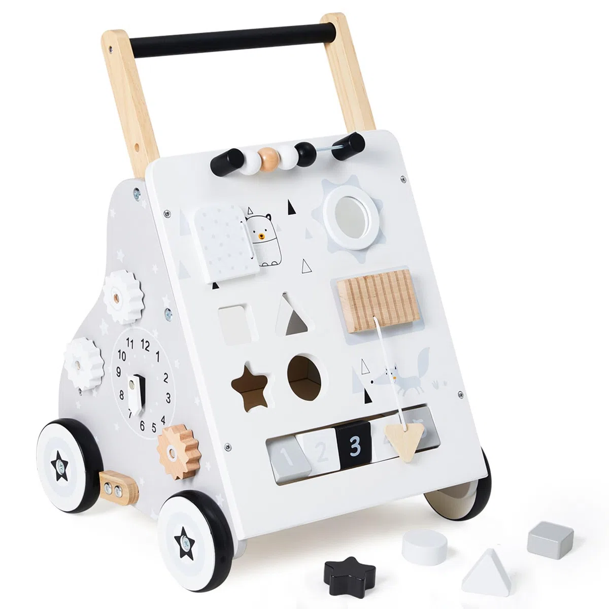Labebe Lauflernwagen Holz, 8-in-1 Verwendung als Laufwagen, Baby Lauflernhilfe Holz mit gummierten Holzrädern und Activity Center