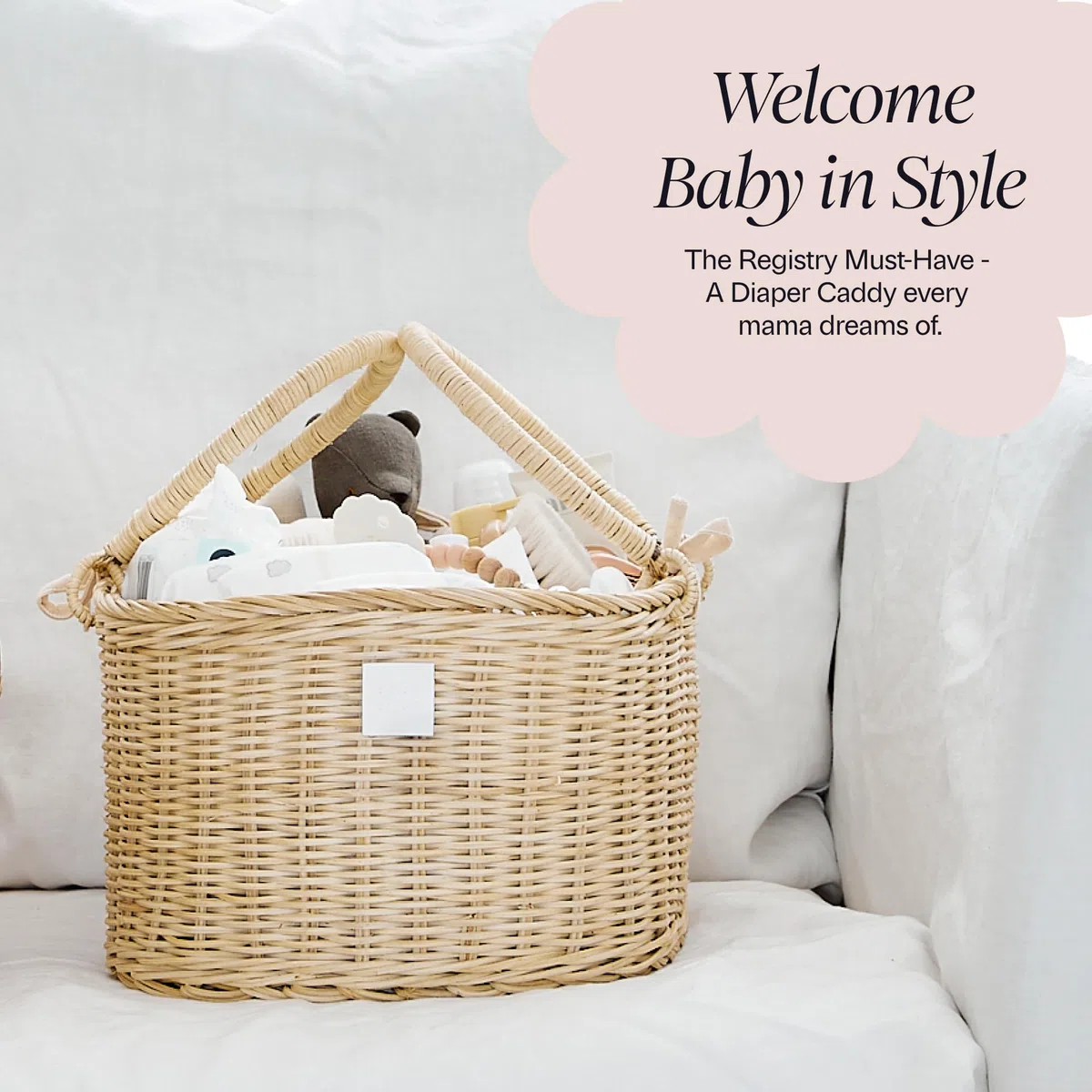 BEBE BASK Baby-Windel-Caddy Organizer – handgefertigter Bio-Rattan-Korb für Mädchen und Jungen – luxuriöse Aufbewahrung für Kinderzimmer