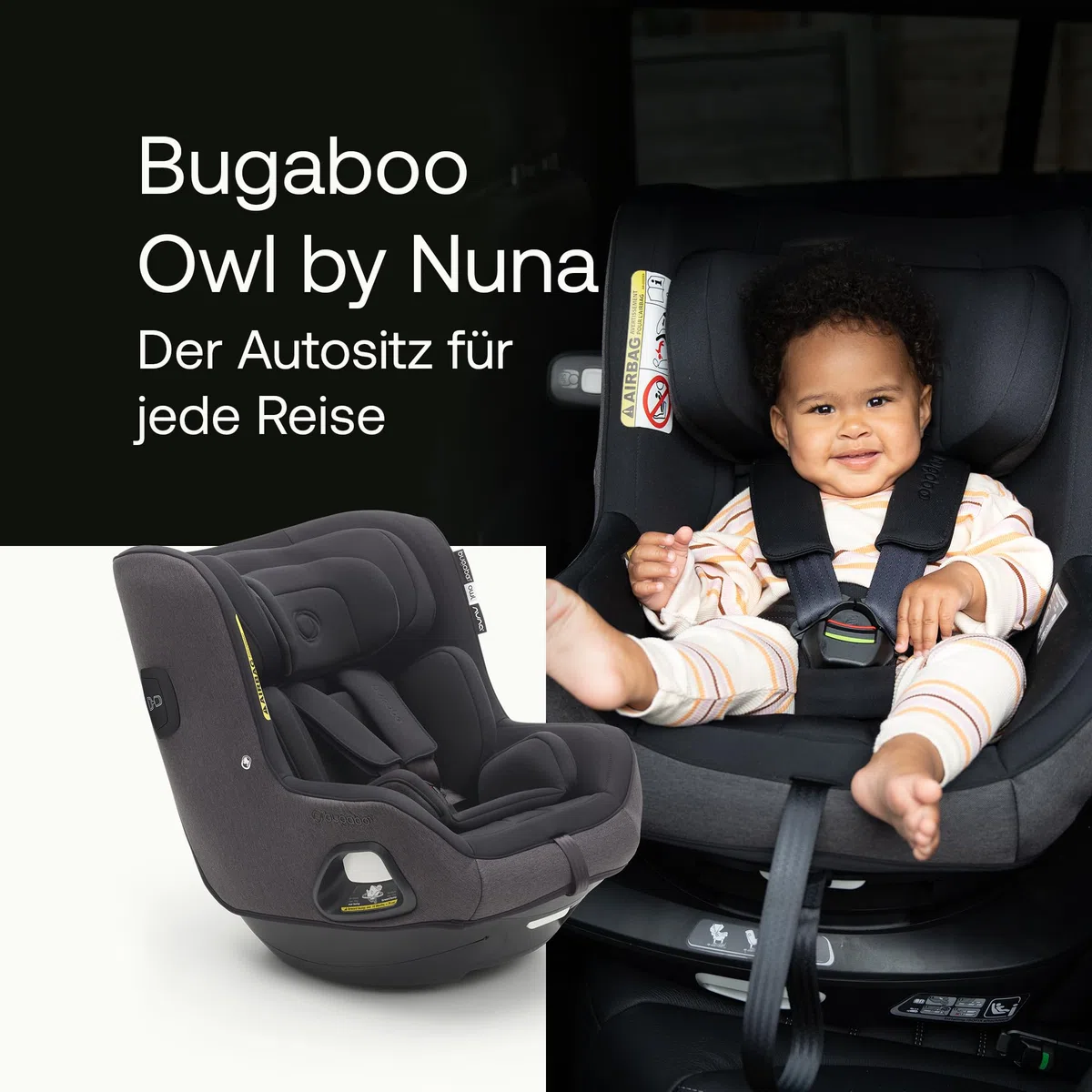 Bugaboo Owl by Nuna Isofix Kindersitz von der Geburt bis 4 Jahre, 0-18 kg | 360 Grad drehbar, Gruppe 0+/1, ultimativer Komfort und Sicherheit, verstärkte Schale und seitlicher Aufprallschutz, Black