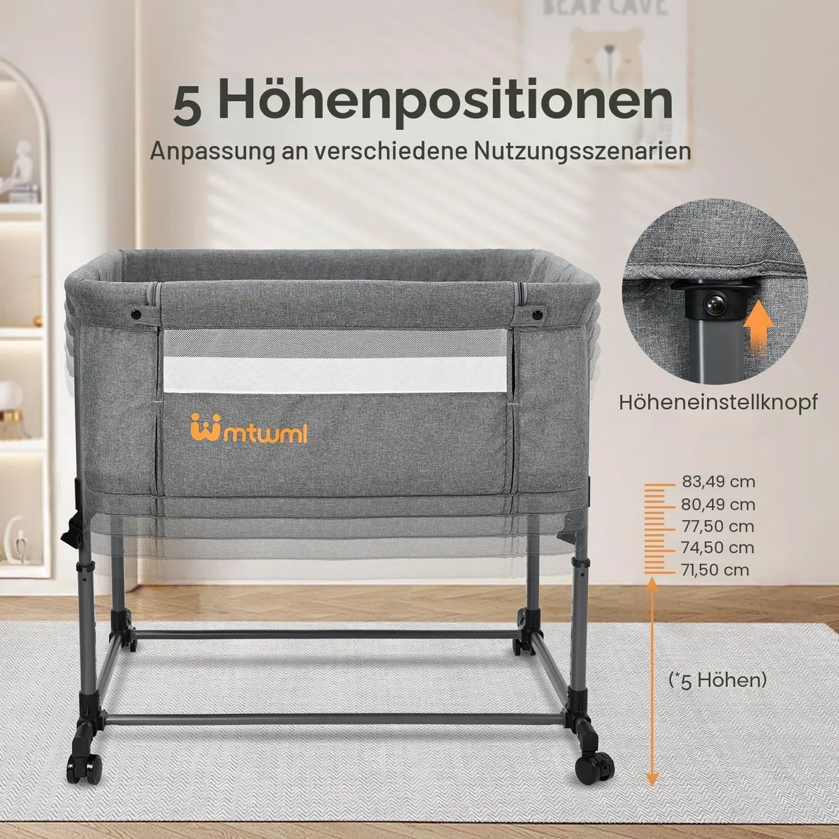 MTWML Zwillingswiege für 2 Babys – tragbare Doppelwiege mit Tragebeutel, austauschbaren Matratzenbezügen, Verstellbarer Höhe & Sicherheitsgurten. Zwillinge 0–6 Monate Grau (Deep Grey)