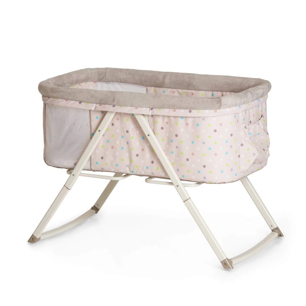 hauck Babybett Dreamer mit Matratze für Babys ab Geburt bis 9 kg, Babywiege mit Schaukelfunktion und Utensilientasche, Netzfenster, Einhändig Faltbar und Tragbar (Multi Dots Sand) | faltbarer Stubenwagen mit Schaukelfunktion, Matratze & Tasche