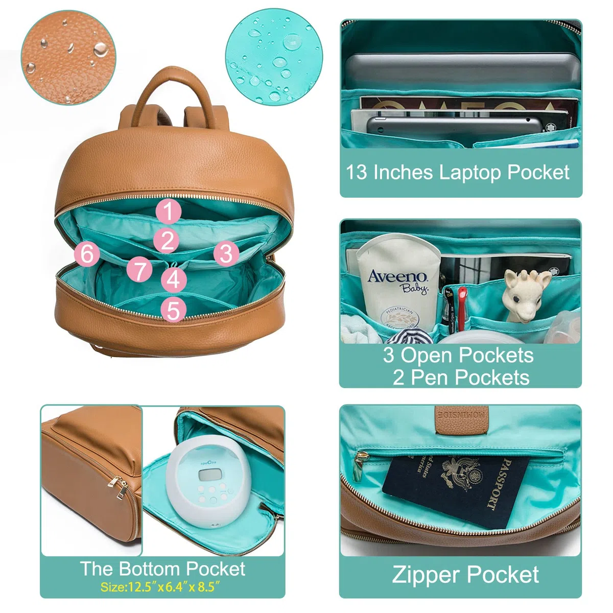 MOMINSIDE Wickeltaschen-Rucksack, Leder-Rucksack, passend für die meisten Milchpumpen, Milchpumpentasche, Muttertasche