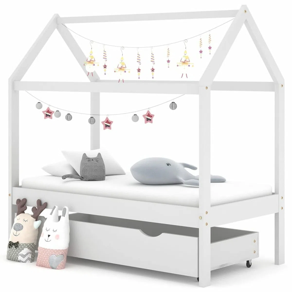 Chusui Kinderbett mit Schublade, Kinderbett, Hausbett, Betten, Kinder Bett, Weiß Massivholz Kiefer 70x140 cm