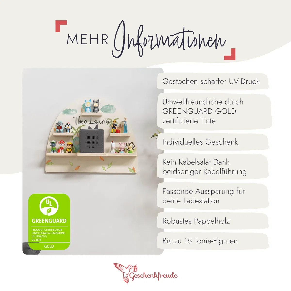Geschenkfreude Personalisiertes Toniebox Regal für Kinderzimmer - Kinder Wandregal für Tonie Hörfiguren - Magnetisches Tonie Wandregal zur aufbewahrung von Tonieboxen und Figuren – Dino