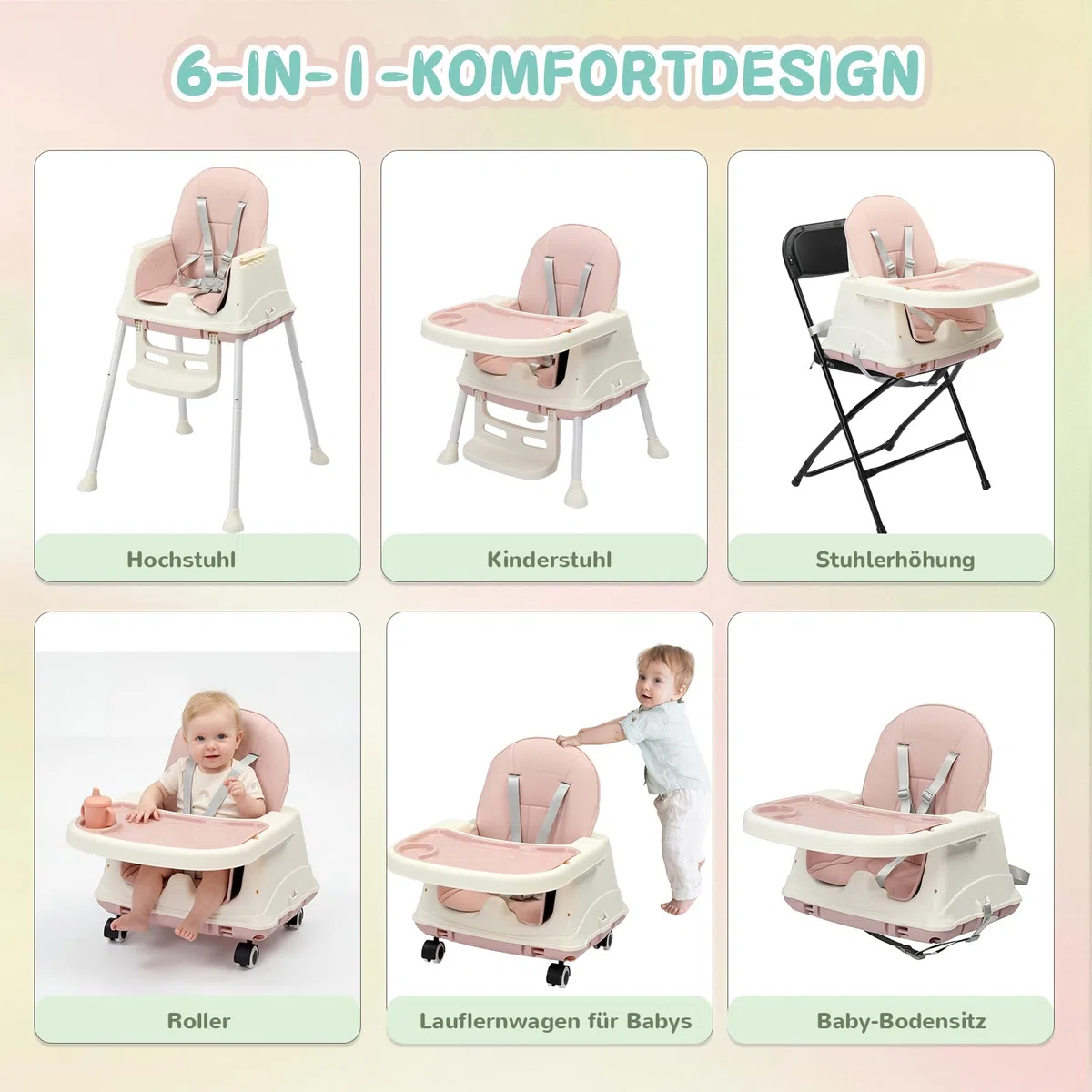 LEADZM 4 in 1 Babyhochstuhl, Umbaubar zum Laufrad und Lauflernwagen, Hochstuhl Baby mit Abnehmbares Doppeltablett und Universalrädern, Mitwachsend ab 0-36 Monate Babystuhl (Rosa)
