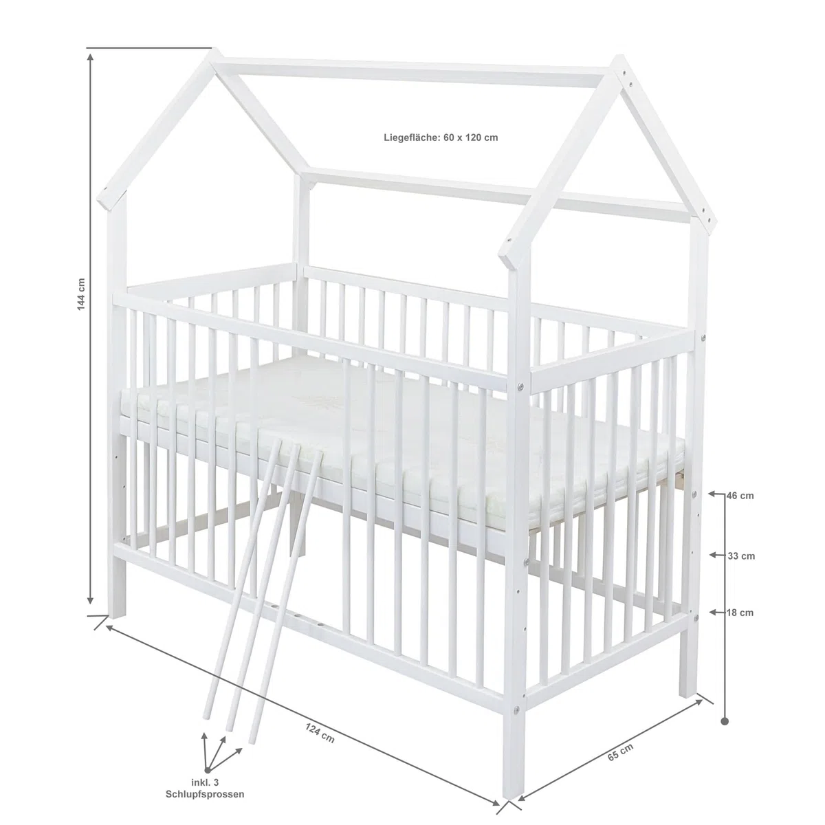 Generisch Baby Delux Babybett Komplett Set Hausbett 60x120 cm weiß Rausfallschutz Kinderbett Matratze Bettwäsche Deko Set (Musselin Himmel, Rosa Musselin Waffelpique)