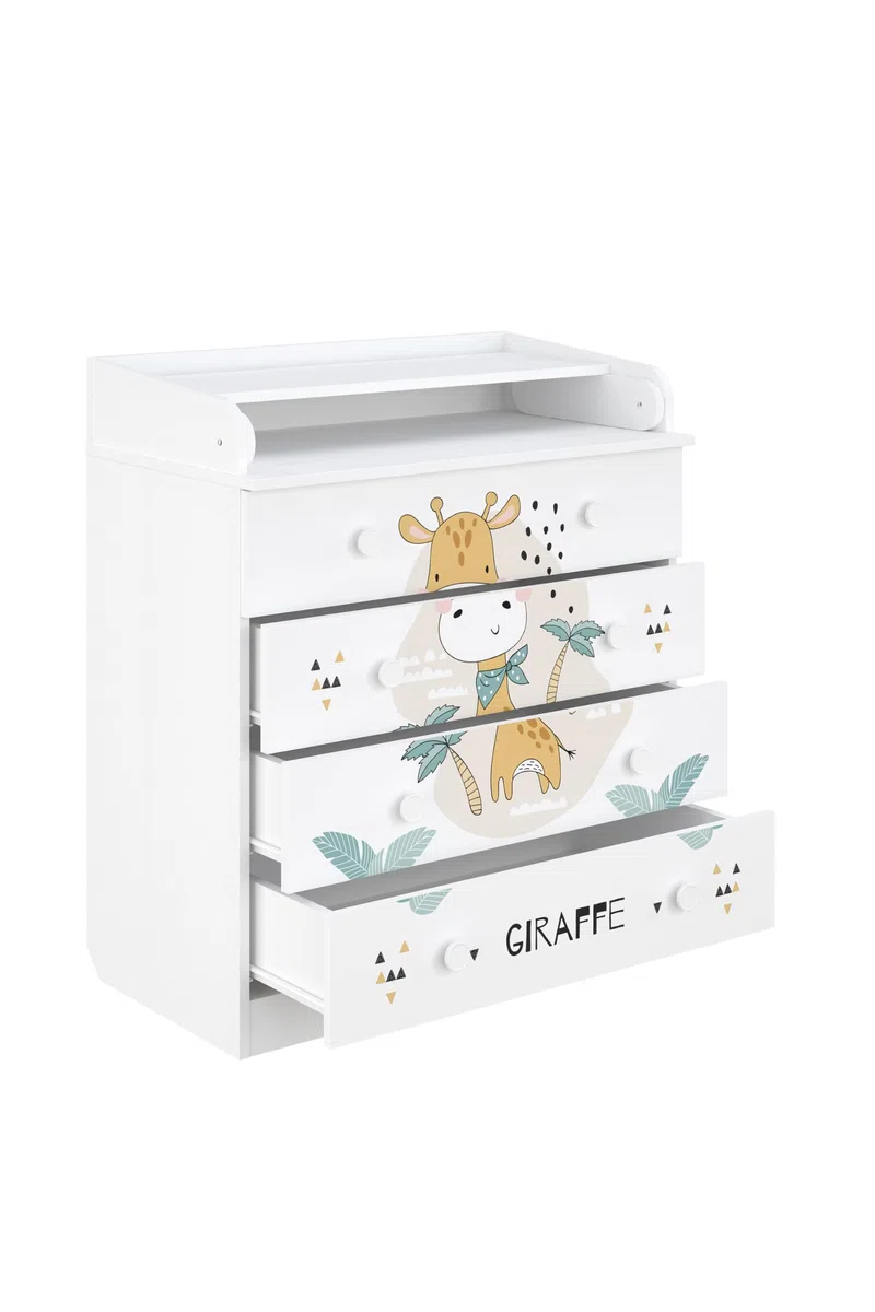 Shefa 800 Kids Baby Changing Table White Giraffe Chest of Drawers with 4 Drawers and Changing Unit